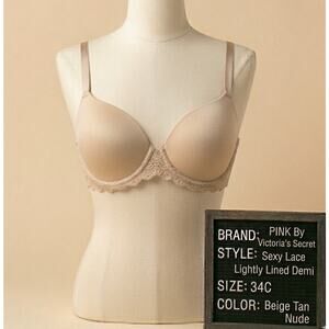 Pink By Victoria’s Secret Sexy Lace Lightly Lined Demi Bra 34C VS Beige Tan Nude